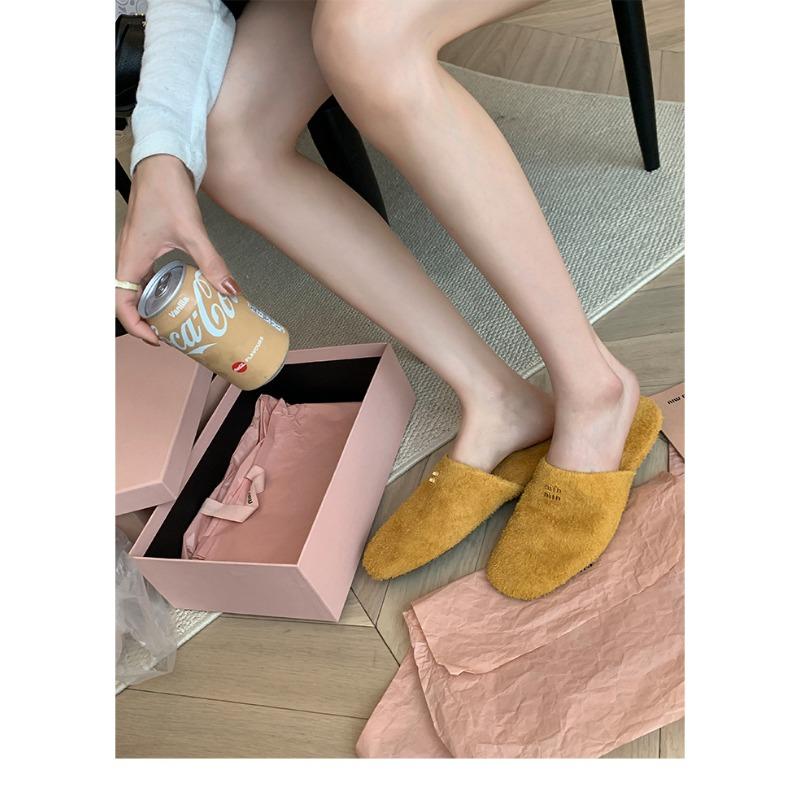 Sheepskin Version~ Wearing Miu Fashionable Bag Head Lazy One Pedal Flat-bottomed Slippers Women's Leather Half Slippers Sandals