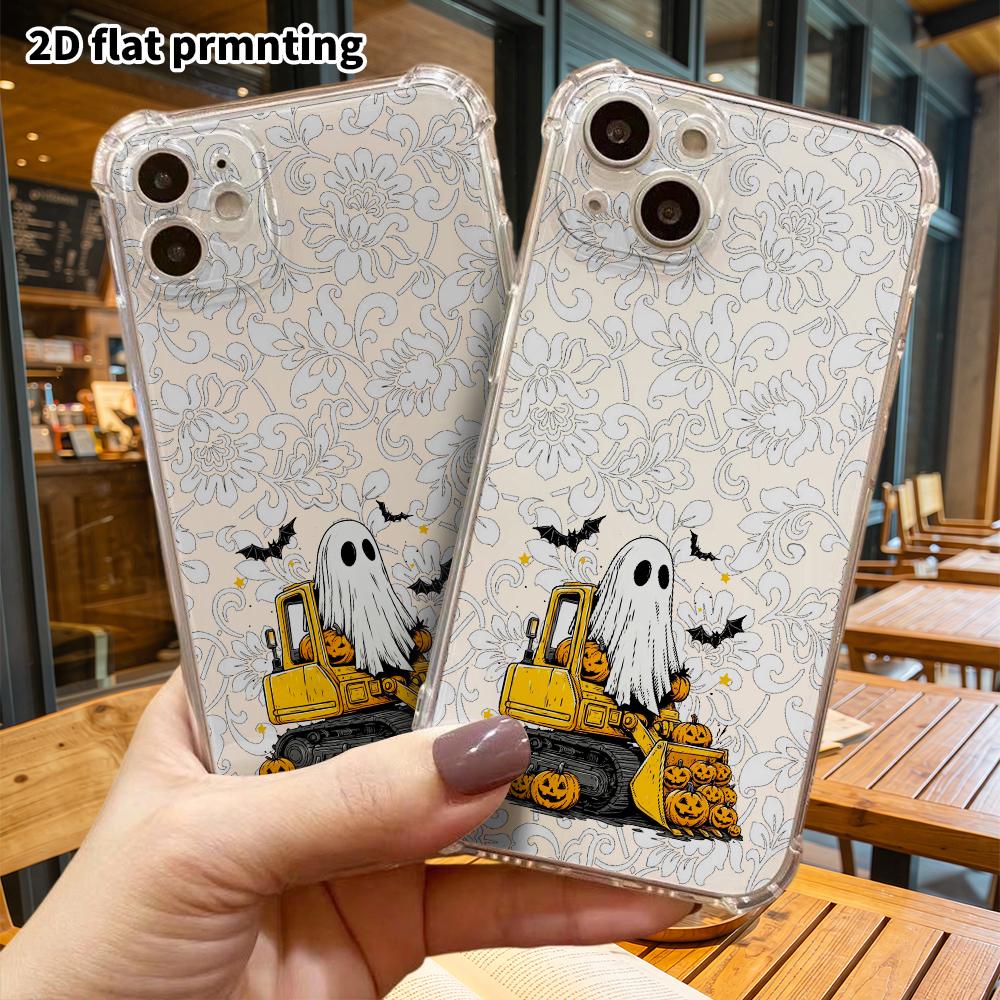 Phone Case: 2D flat suitable for iPhone 18 17 16 15 14 13 Pro, transparent corner protection case, ghost excavator, Christmas and Halloween gifts