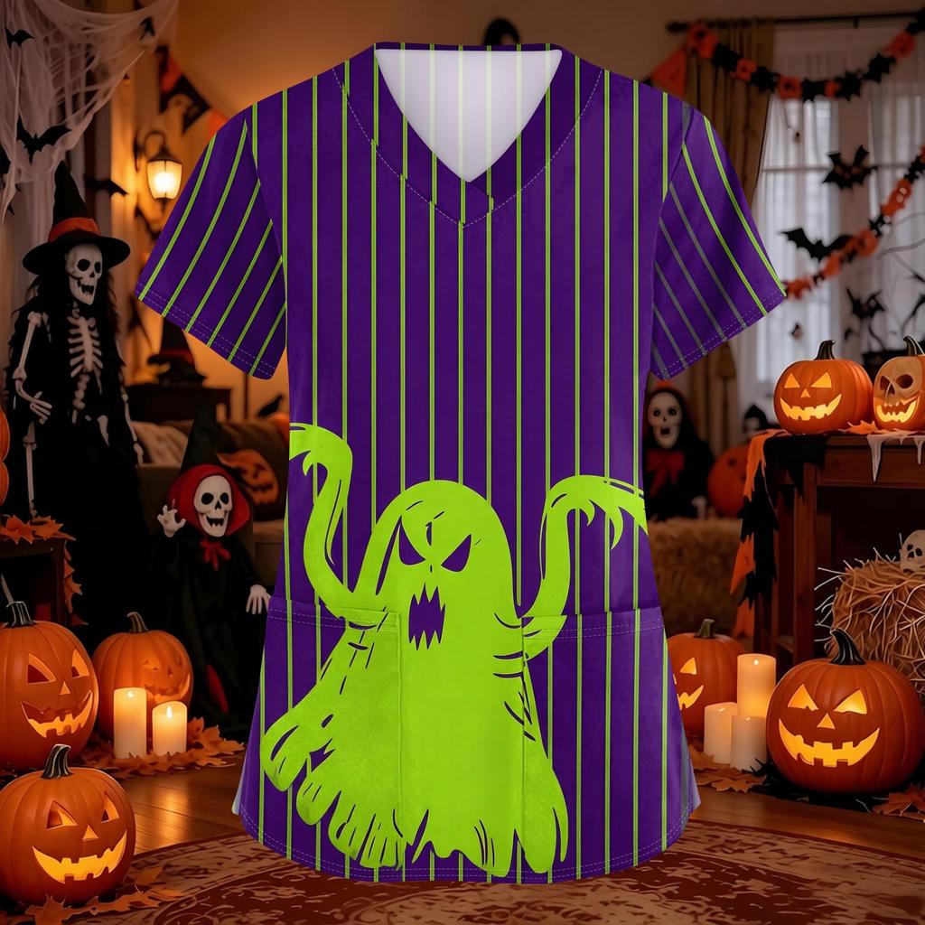 Women's Halloween Print Scrub Top with V-Neck and Pockets, Comfort Fit