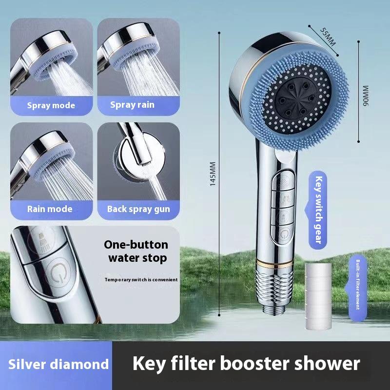 

2024 Новый Бытовой Фильтр Душевая Головка Многофункциональный Переключатель 4 Режимов 1-кнопочный Стоп Воды с Массажной Щеткой Аксессуары Для Ванной Комнаты серебряный