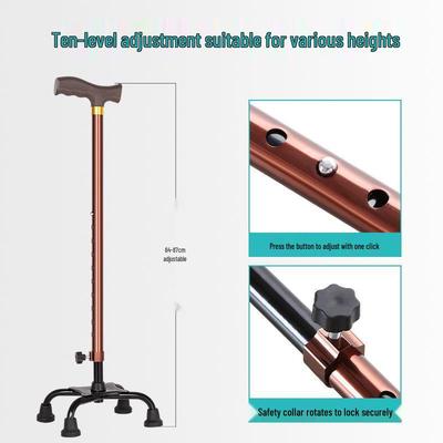 Adjustable Non-Slip Four-Legged Cane for Seniors - Lightweight Stainless Steel Walking Stick