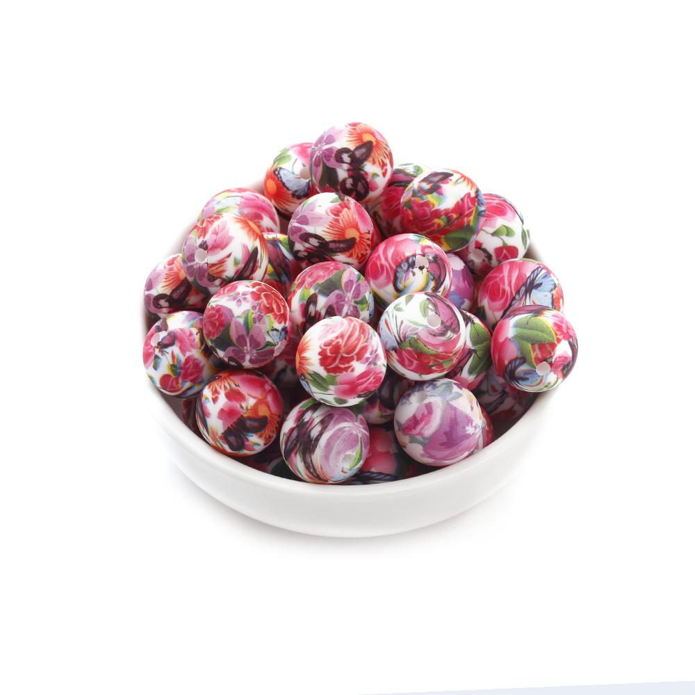 10Pcs 15mm New Silicone Beads Round Print Colorful Spacer Beads Food Grade Baby Nursing Necklace Pacifier Chain Teether Toys