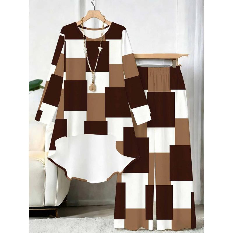 1116 Floral Print Suit Women's Long Sleeve Irregular Hoop Wide Leg Pants Casual Summer Large Size