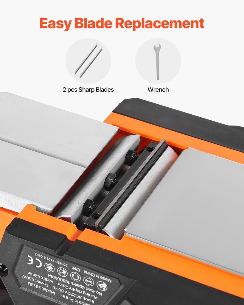 Electric Hand Planer, 82 mm Cut Width, 650W 16800 RPM Corded Power Handheld Planer for Wood, with Adjustable Cut Depth, 2 Blades, for Woodworking Wood