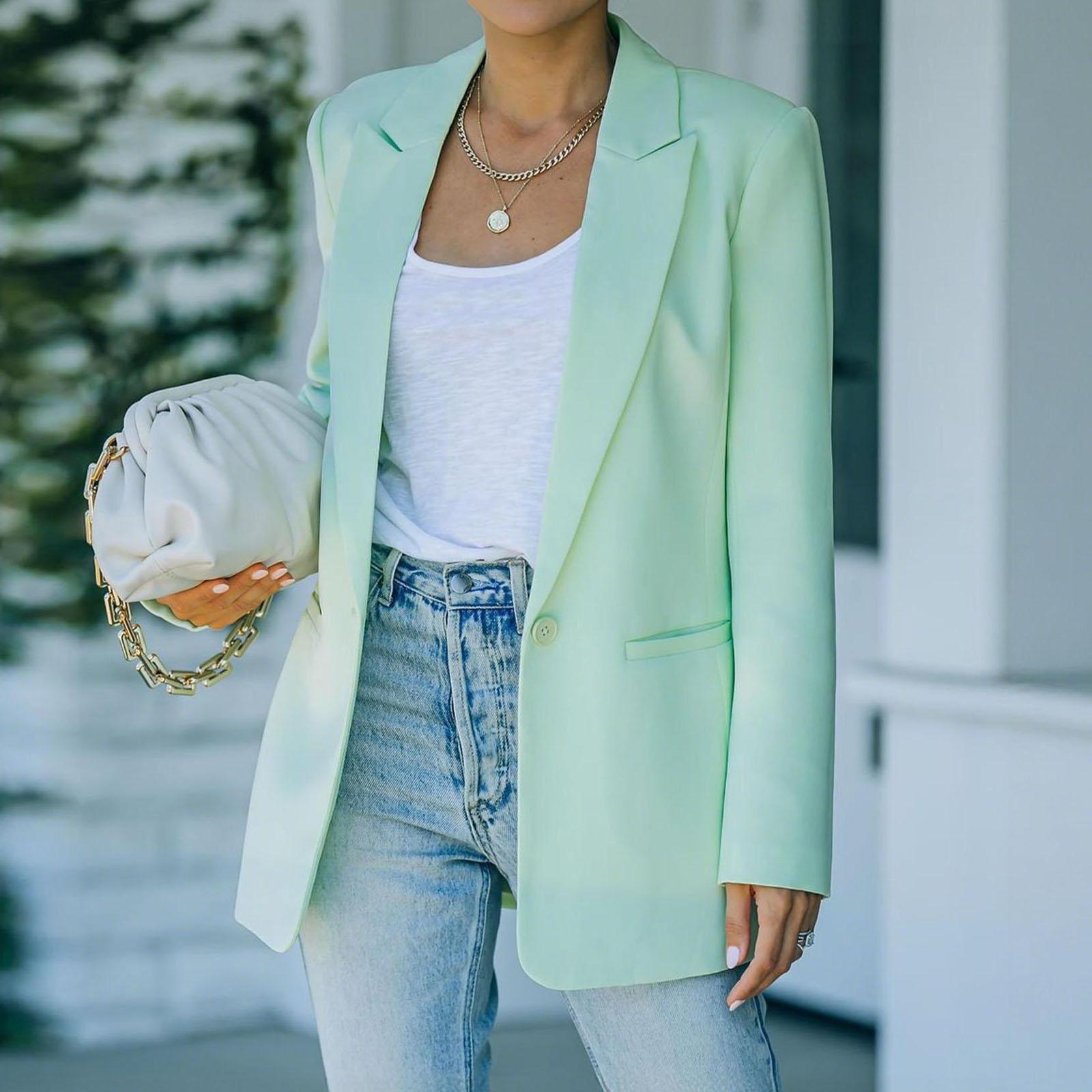 Women s Casual Long Sleeve Button Up Color Suit Collar Cardigan Jacket Temperament Jacket L