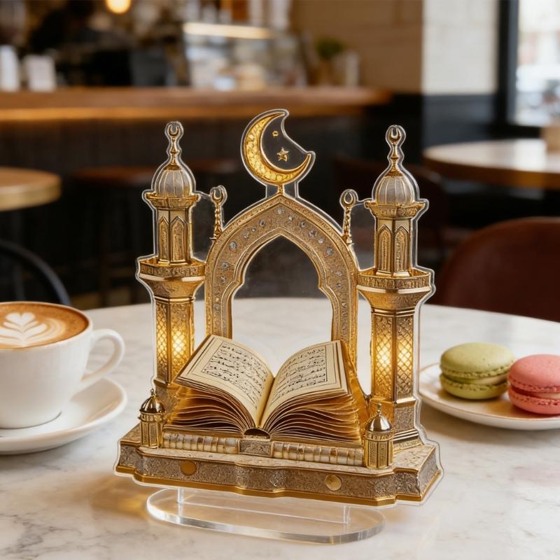 Eid Ramadans 2D Moon Castles and Quran Acrylic Table Sign Ornament for Islamic Tabletop Decors Muslims Festival Gift