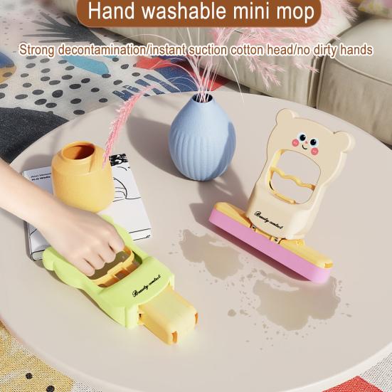 Mini Foldable Desktop Mop Cat Pattern Small Mop with Self-Wringing System Wet/Dry Cleaning Tool Tabletop Mop