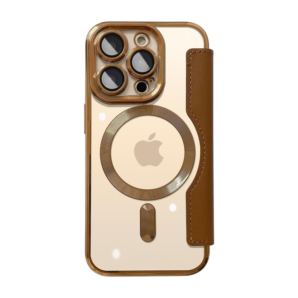 Applicable To IPhone16E Gold Shield Electroplated Magnetic Leather Case Mobile Phone Case Apple 15 Flip Cover 14p Full Cover Anti-fall Protection