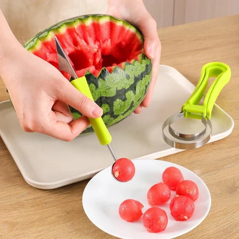 Multifunktionales Melonenkugelausstecher- und Schnitzmesserset Edelstahl Fruchtspatel Wassermelonen- und Cantaloupe-Schneider Küchenwerkzeuge