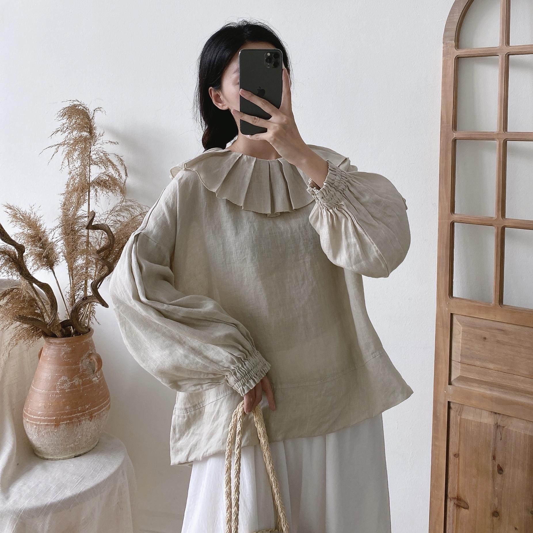 

Простые винтажные льняные женские однотонные рубашки Johnature с оборками на воротнике, весенне-осенние свободные универсальные женские блузки One Size абрикосовый