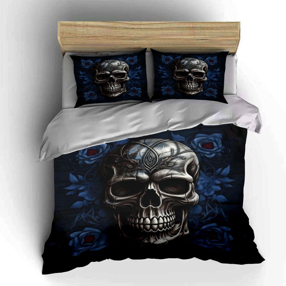 Skull with blue roses. Bedding sets Duvet cover sets Duvet covers Pillowcases(1 * Duvet Cover 2 * Pillowcases without duvet insert)