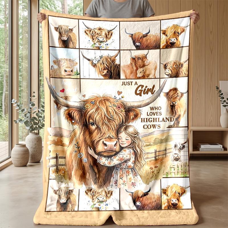 Flower Crown Highland Cow Theme Blanket Lightweight Warm Flannel Blanket Decorative Throw Blanket for Home Decoration