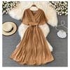 Summer new V-neck short-sleeved dress over the knee slim-fitting pleated temperament lady waist lace-up big pendulum mid-length dress