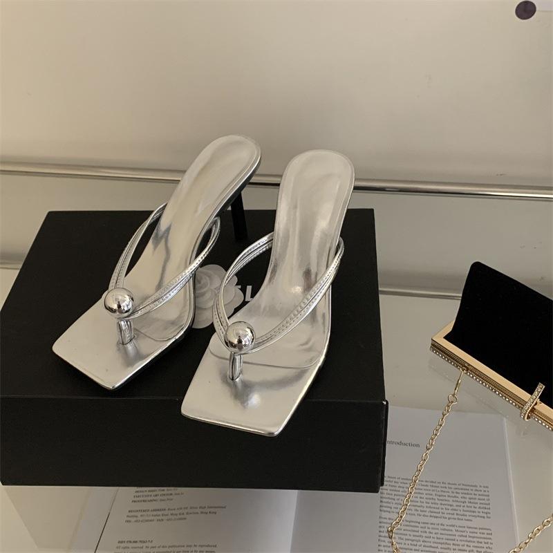 Toe cool slippers women's summer fashion outer wear flip-flops black high heels women's gold bead stiletto sandals