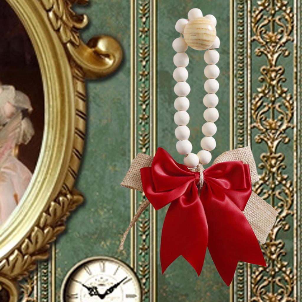 Wood Bead Pendant Home Decor Farmhouse Decorative with Linen Bow Hanging Ornament for Room