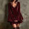 Women Velvet Mini Dress V‑Neck Pearl Trim Bell Long Sleeve Loose Swing Short Dress Evening Party Ladies Dresses
