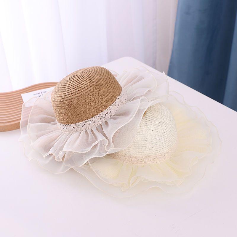 Chapeau de Paille d'Été pour Bébé Fille Couleur Unie Dentelle Volant Chapeau de Pêcheur pour Enfants Casquettes de Plage d'Extérieur Pare-soleil Chapeaux Bob à Large Bord