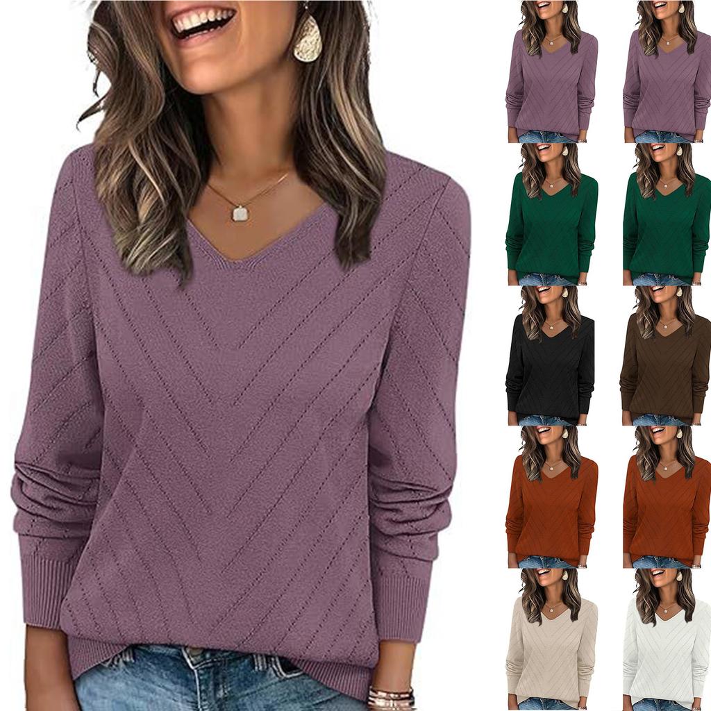Women's V-Neck Hollow Out Knit Sweater Long Sleeve Loose Fit Casual Color Top