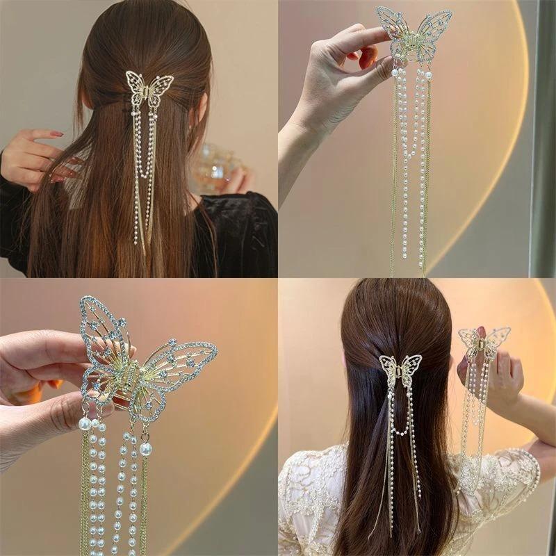 Barrette Rétro Creuse Papillon Pompon Fille Coréenne Strass Pince à Cheveux Queue de Cheval Élégant Accessoires Cheveux Perle pour Femmes