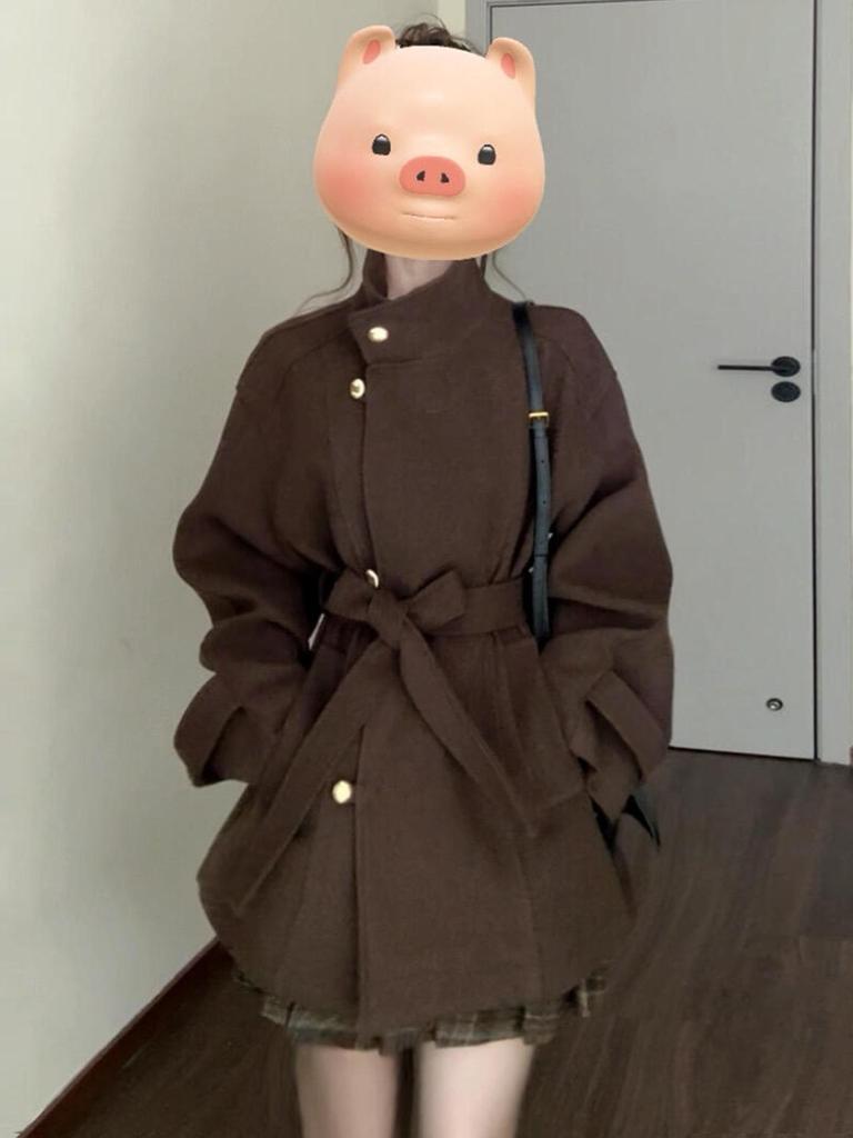 Veste en duvet en laine marron Maillard pour femme - Automne/Hiver 2025 Style coréen haut de gamme.