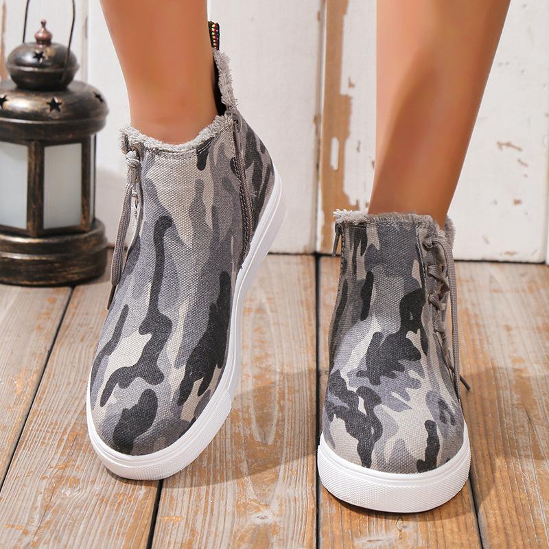 European and American Casual Canvas Shoes 2024 New Flat Bottom Side Zipper Style Lacing Casual Board Shoes Zapatos De Mujer Traf