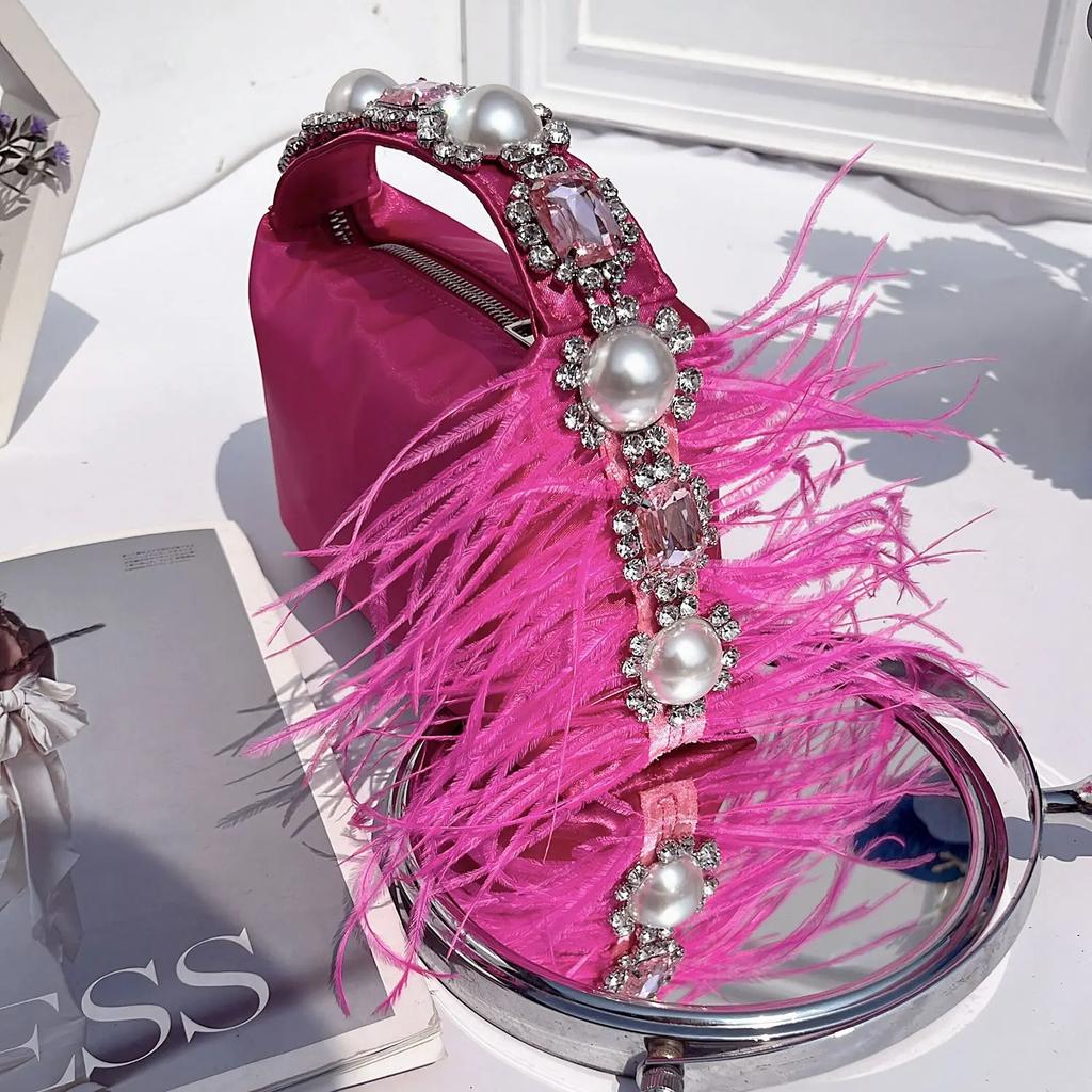 Diamonds Feather Women Handbags Luxury Pearls Party Evening Bags for Women  Designer Satin Square Clutch Wedding Purses Tote
