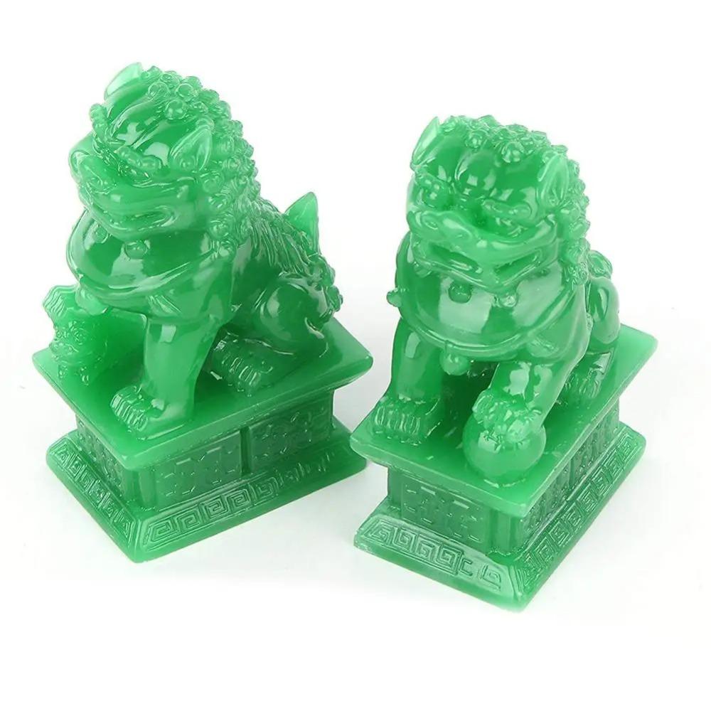 1 Pair Jade Green Natural China Traditional Guardian Lion Statues Hand Carved Foo Dogs Sculpture Crafts Home Feng Shui Decor