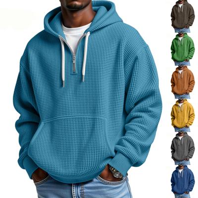 סווטשירט קפוצ'ון לגברים בצבע אחיד קז'ואל עם רוכסן ושרוולים ארוכים, חולצת טי קז'ואלית יומיומית עם רוכסן ושרוולים ארוכים