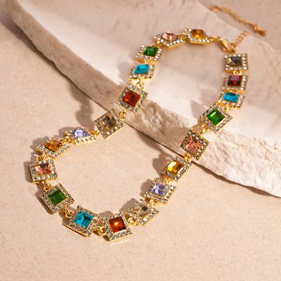 Vintage Colorful Inlaid Rhinestone Geometric Necklace for Women Fashion Chain Light Luxury Temperament Accessories