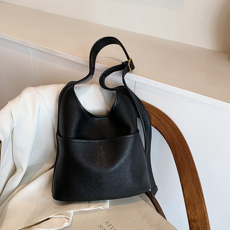 Velkokapacitní jednobarevné kabelky s přezkou z PU pro ženy, nákupní tašky, retro všestranné crossbody kabelky s šicí nití