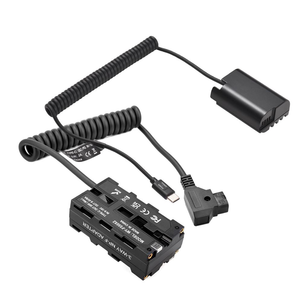 D-Tap To Dual-sided NP-F550 Dummy Battery + Type-C To DMW-DCC17 Dummy Battery Coiled Cable DC