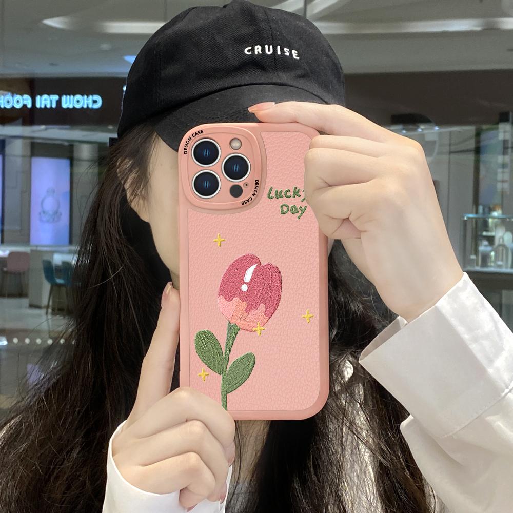 Slim Skin Feeling Cartoon Pink Flower Soft Silicone PU Leather Cover Phone Case for iPhone Samsung Huawei Honor Xiaomi Redmi OPPO Realme Vivo