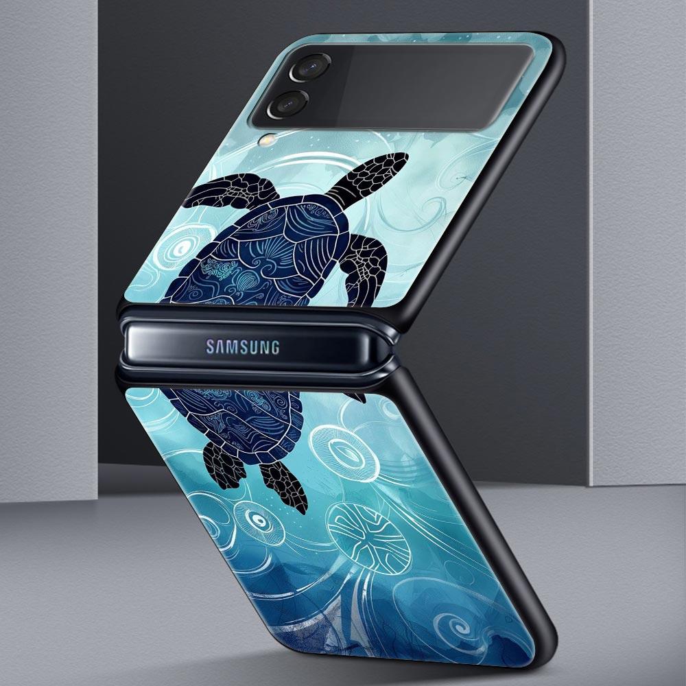 Ocean Coastal Seashell Seaweed Pattern Hard PC Phone Case For Samsung Galaxy Z Flip 7 6 5 4 Black Cover For Galaxy Z Flip3 Shell