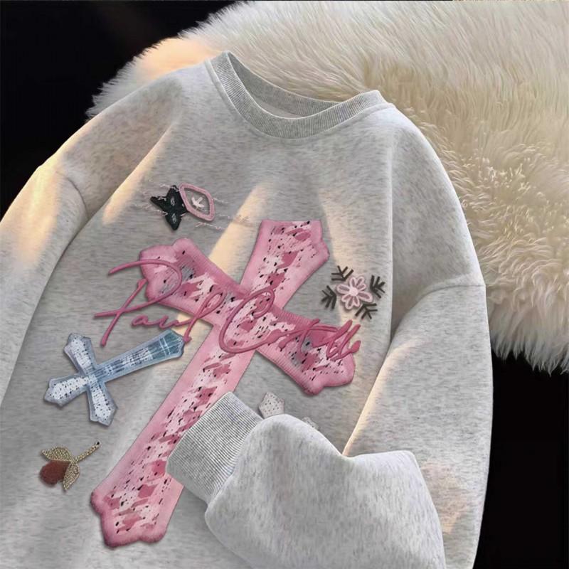 Oversized Gothic Pink Cross Print Hoodless Sweatshirt Thick Fleece Lined Unisex Streetwear Fall Winter