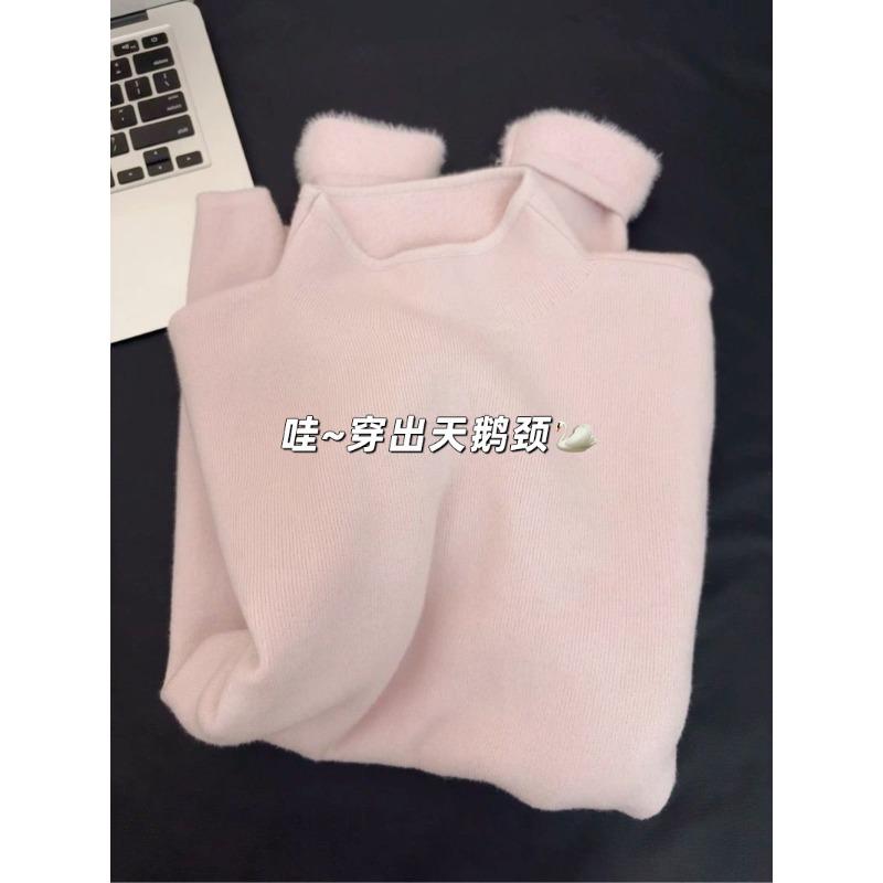 Soft waxy semi-turtleneck sweater women's spring slim-fit pullover knitted inside with integrated thick velvet bottoming shirt, top tide