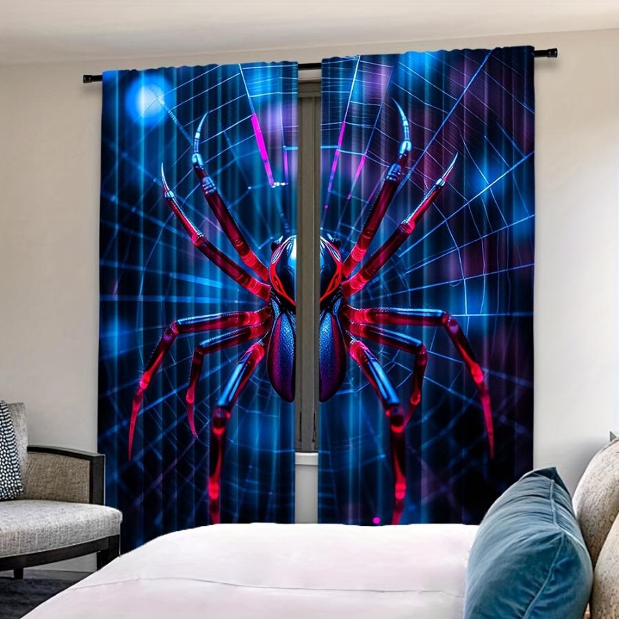 2PCS Digital Printed Curtains, Blue Neon Red Spider Cyber Web Tech Glow, Futuristic Cyberpunk Spooky Halloween Window Decor