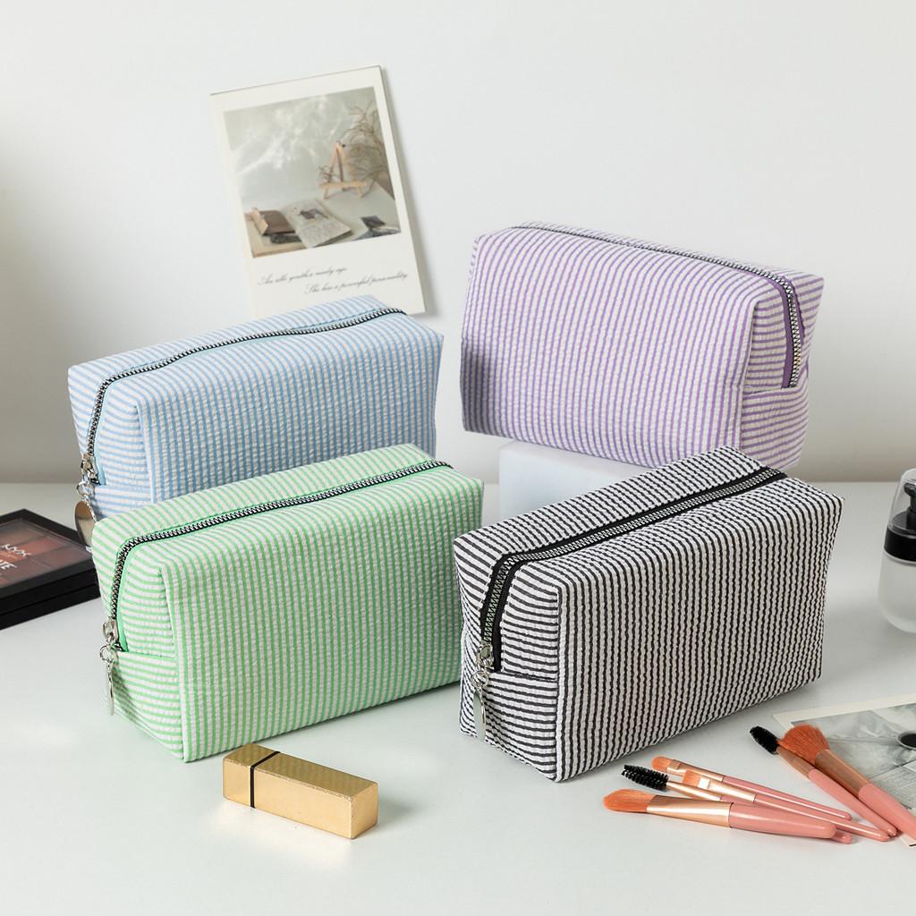Striped Makeup Organizer With Large Capacity Travel Wash Bag For Daily Use