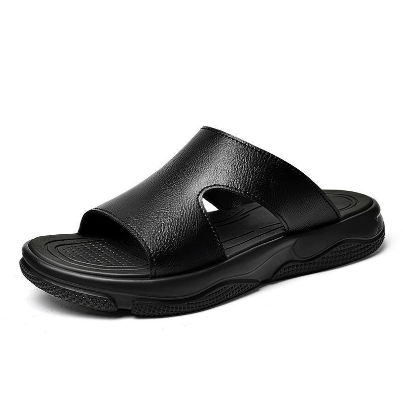 Men s Large Cowhide Beach Sandals - Genuine Leather Flip-Flops with Thick Soles for Summer Outdoor Activities 46 чёрный