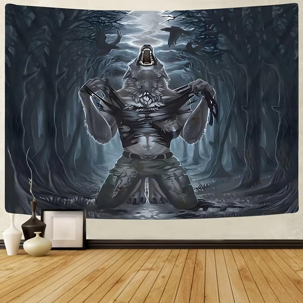 Dark Wolfman Tapestry Gothic Style Wall Hanging Decor for Bedroom Game Room Theme Living Room Flat Print