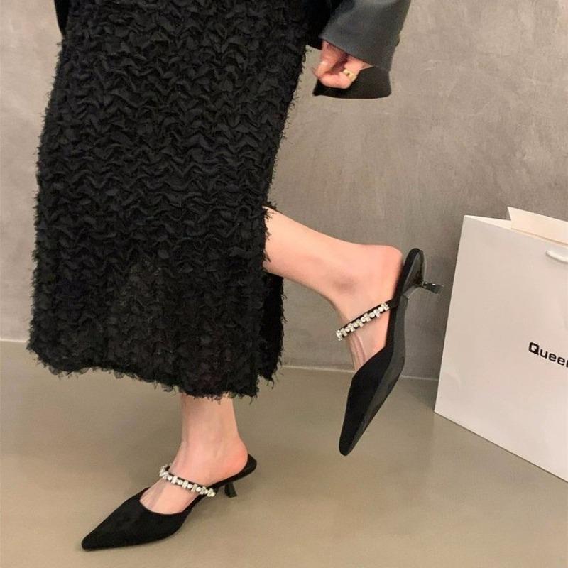 Fashion New Women's Black Rhinestones Heeled Mules Pump for Women Elegant Sparkly Sandals Slippers Women's Sexy High Heels Slingbacks