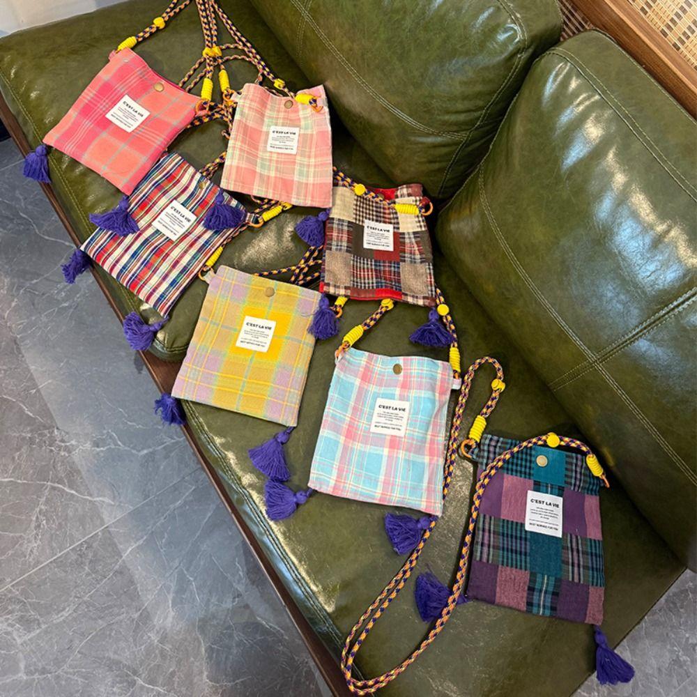 

Retro Plaid Canvas Bag Cloth Bohemian Messenger Bag Vintage Ethnic Style Crossbody Bag Women Style 5