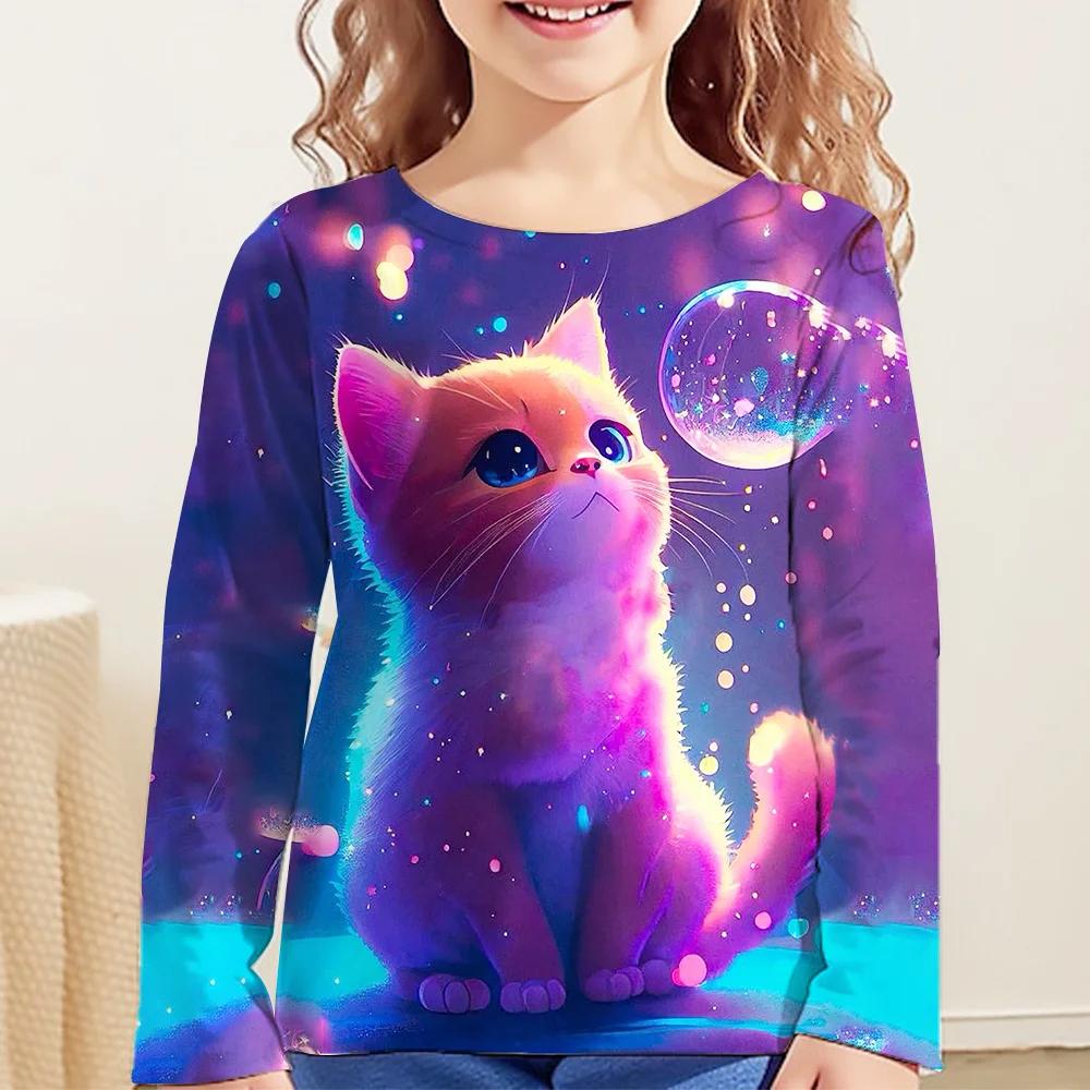 Spring and Autumn Round Neck 3D Cute Cat Pattern Printed Top Fashionable Casual Long Sleeved Children's Girl T-shirts