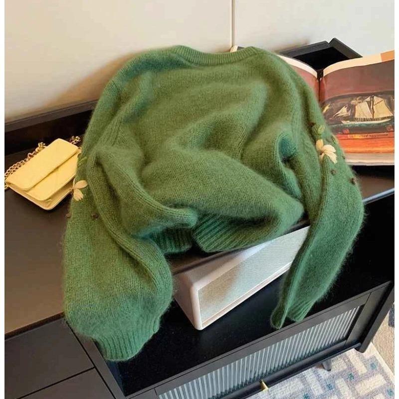 Sweater Women's Retro Jacquard Embroidery Soft Warm O-Neck Knitted Sweater Autumn Loose Forest Series Green Knitted Top