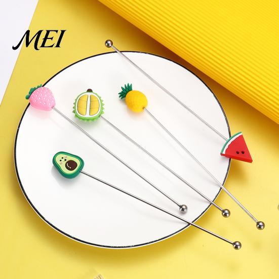 Coffee Stir Stick Cocktail Stick, Stainless Steel Mixing with Durian Pineapple Strawberry Durable Drink Mixer Watermelon Rubber Top Decor, Stirrer for