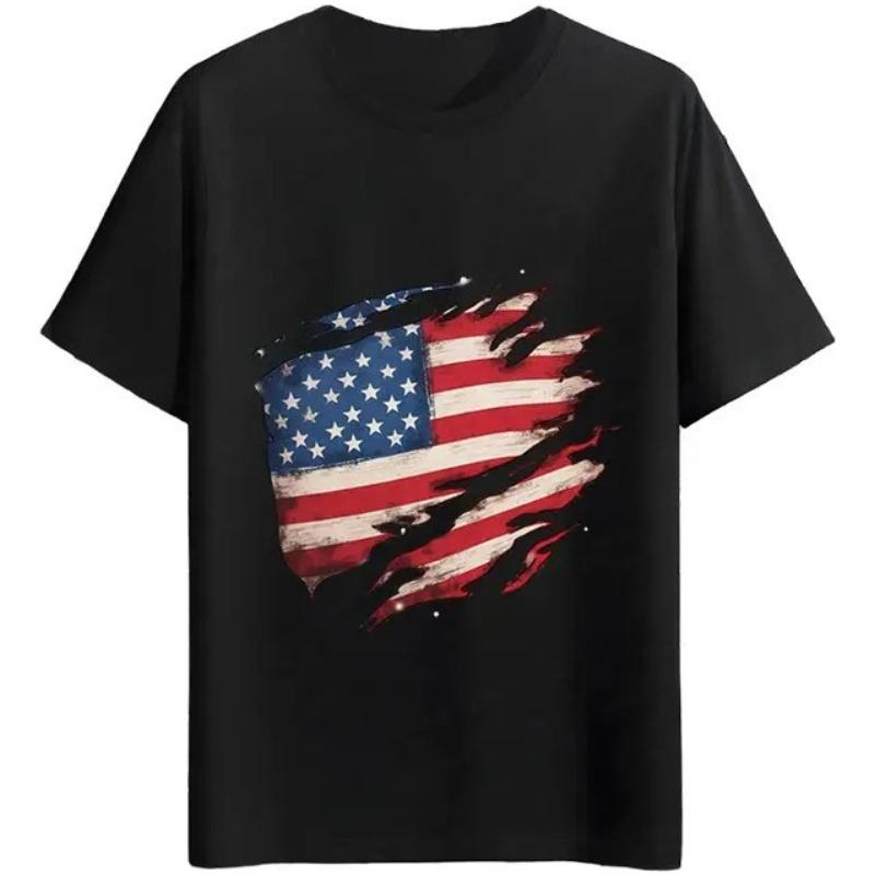 Unisex TShirt Vintage Torn American Flag Print Short Sleeve ONeck Casual Summer Black Tee Tops