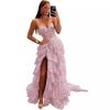 Long Layered Lace Tulle Ball Sexy Celebrity Dress Thin Straps Shiny Formal Gala Dress
