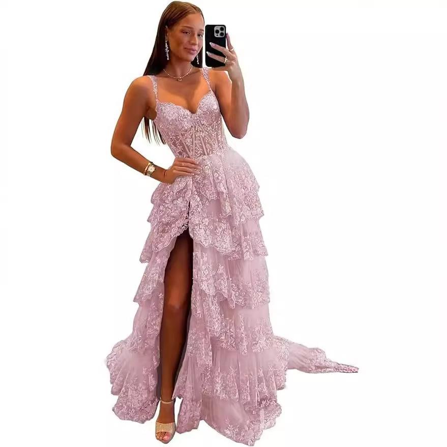 Long Layered Lace Tulle Ball Sexy Celebrity Dress Thin Straps Shiny Formal Gala Dress