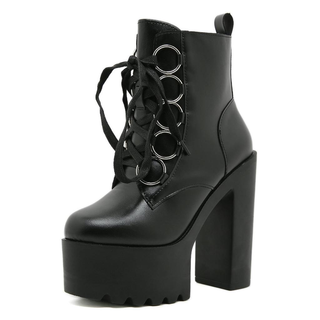 Gdgydh Solid Color Block Heeled Boots for Women Fashion Lace Up Side Zipper Ankle Boots Platform Goth Shoes Metal Decor