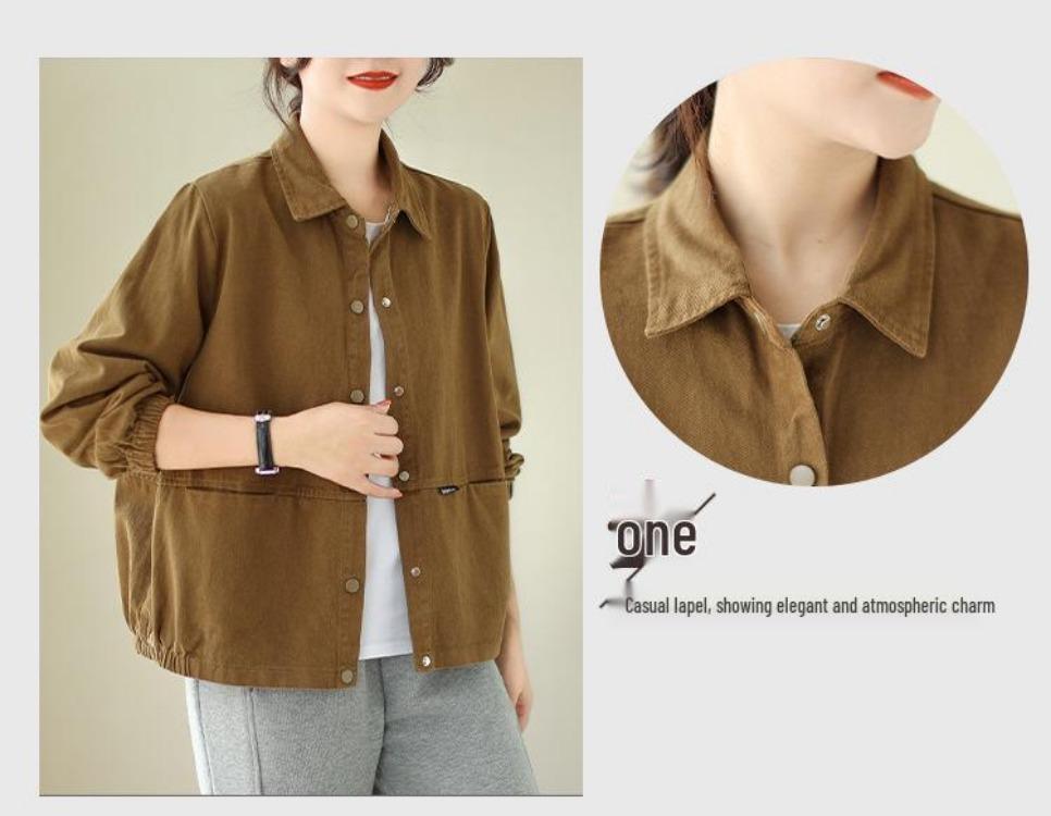 Baumwolljacke für Damen im koreanischen Stil, vielseitig, locker, schlankmachend, lange Ärmel, einfarbig, Umlegekragen