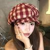Korean Retro Plaid Beret Hat For Women Y2K Contrast Color Checked Beanie Cap Summer Travel Versatile Face Slimming Hat